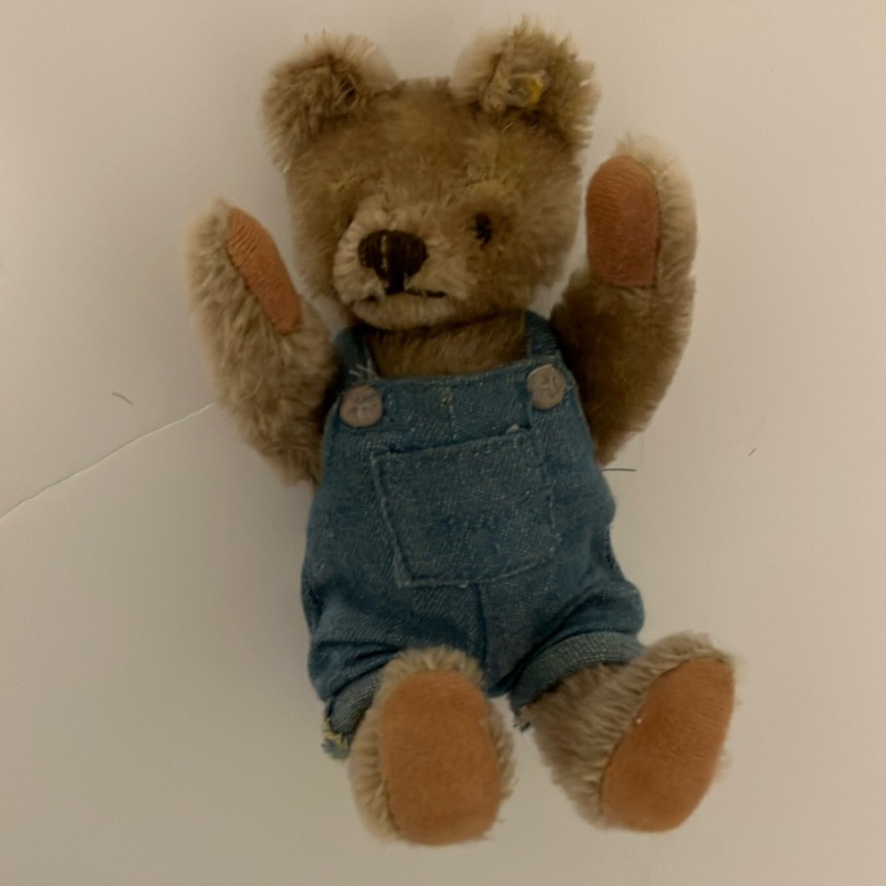 60’s Vintage Steiff Teddy Bear 7”. Wearing Overalls.